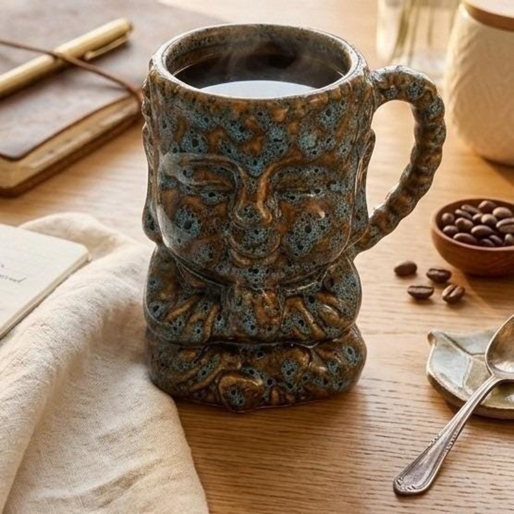 Buddha Ceramic Coffee Mug Blue Brown Reactive Glaze Meditating Zen Pottery Cup
